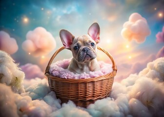 Surreal French Bulldog Puppy in Woven Basket, Dreamy Pet Photography