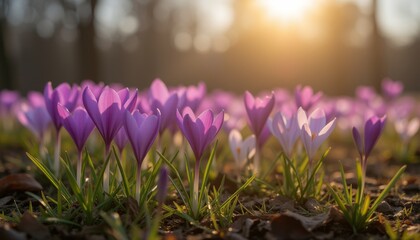 Purple crocuses blooming in sunlight.