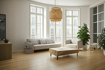 Fototapeta premium Modern living room with a sofa, armchair, coffee table, TV, and large windows.