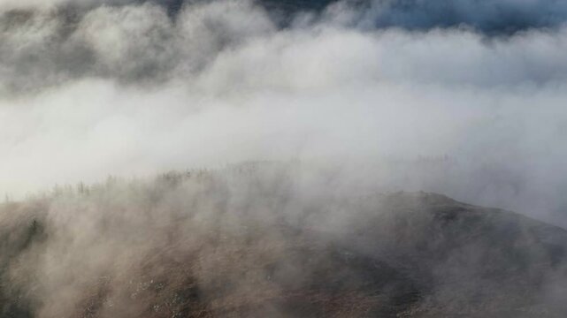 Sunrise Clouds Over Mountains In County Dundalk Near Omeath and Carlingford Town In Ireland. Aerial Drone Shot