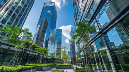 Modern city courtyard, green space, skyscrapers, sunny day, business