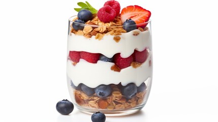 A fruit yogurt and granola on an isolated white background. Healthy food photography