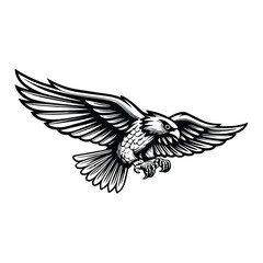 Create a design of a hawk in mid-flight, with its wings spread wide, using a dramatic swooping motion. Include realistic shadow effects to enhance the dynamism and depth of the image.