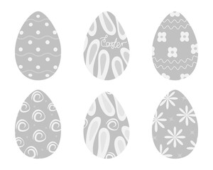 Easter eggs decorated different hand drawn patterns in grayscale. Set 6 Easter design elements idea