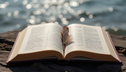 Obraz premium Open book by the water with feather bookmark.