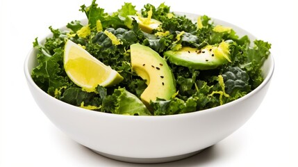 A bowl of salad with avocado isolated on white background