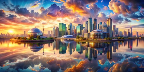 Fototapeta premium Surreal Greenwich Panorama: North Greenwich Peninsula Dreamscape