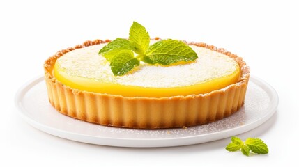 Lemon tart with gold crust isolated on white background