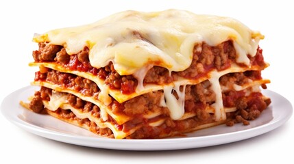 A lasagna slice with layers of cheese and meat isolated on white background