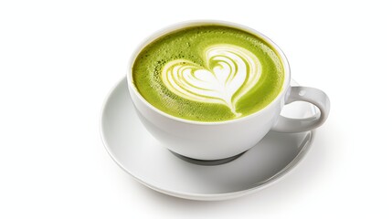 A cup of matcha latte with foam art isolated on white background