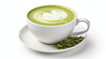 A cup of matcha latte with foam art isolated on white background