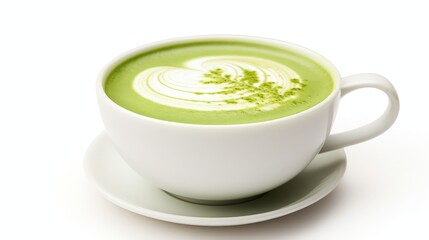 A cup of matcha latte with foam art isolated on white background