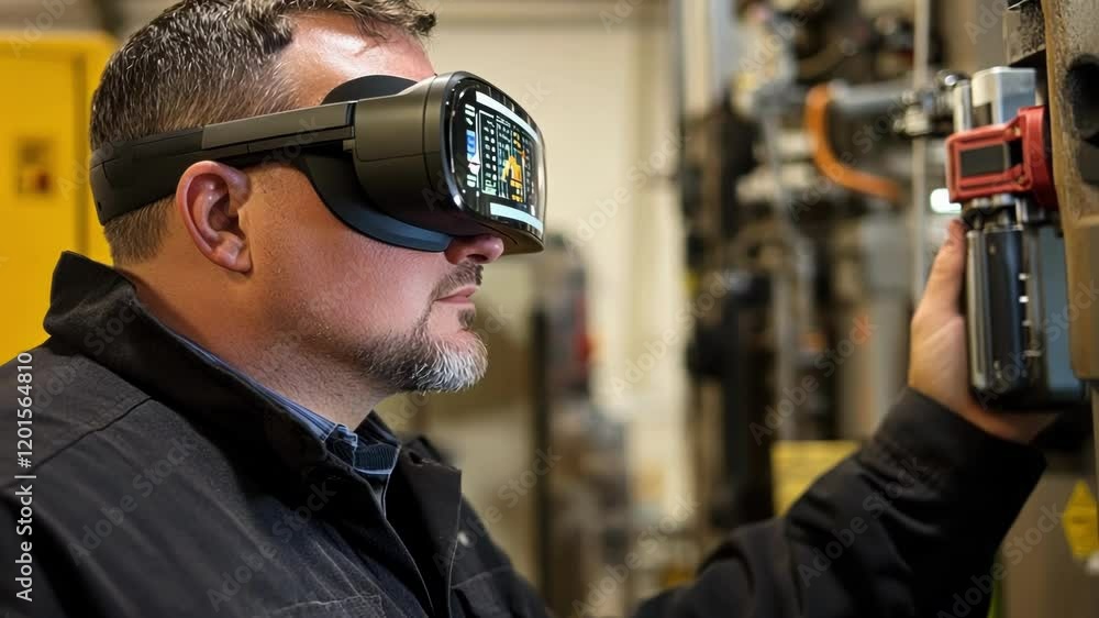 Poster skilled maintenance engineer wearing high tech vr goggles, interacting with factory machinery throug