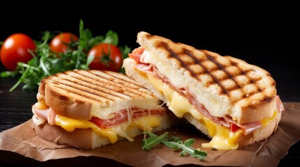 Menu photograph of sandwich with ham and cheese. Food photography