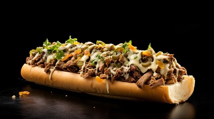 Menu photography of a philly cheesesteak sandwich isolated on white background. Food photography