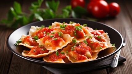 Photo of a delicious plate of ravioli with tomatoes sauce isolated on white background