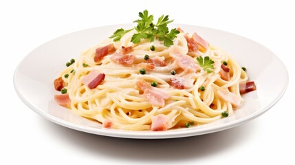 Photograph of A plate of spaghetti carbonara isolated on white