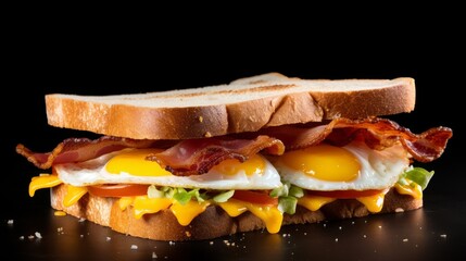Menu photograph of a sandwich with bacon eggs and cheese. Food photography.