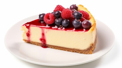 A slice of cheese cake with berry topping isolated on white background