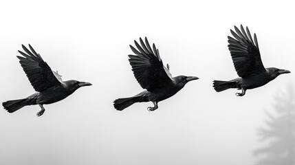 Fototapeta premium Three black birds in flight against a misty backdrop, showcasing their graceful movement and wingspan