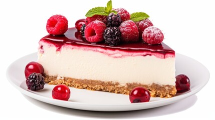 A slice of cheese cake with berry topping isolated on white background