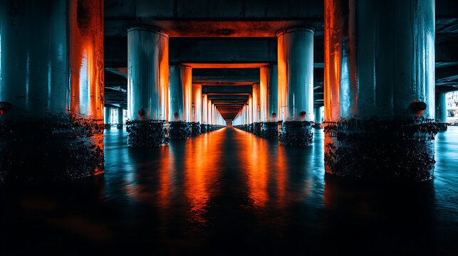 stunning structural photo of bridge with vibrant orange lighting reflecting on calm water, showcasing pillars and serene atmosphere