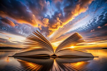 Surreal Long Exposure: Giant Budget Book Stretching to Horizon, Financial Records as Pages