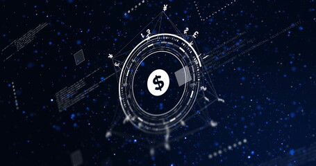 Image of american dollar currency data processing over scope on black background