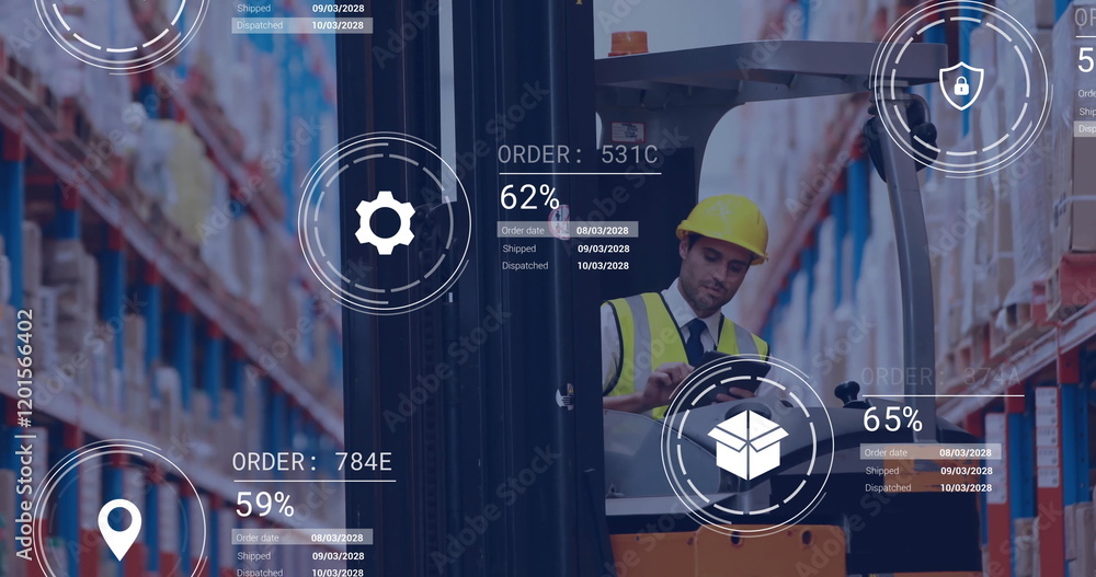 Poster image of icons and data processing over caucasian man working in warehouse