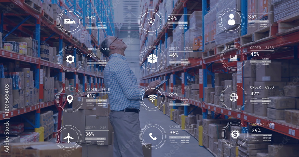 Aufkleber image of icons and data processing over caucasian man working in warehouse