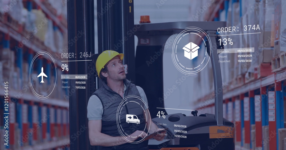 Poster image of icons and data processing over caucasian man working in warehouse