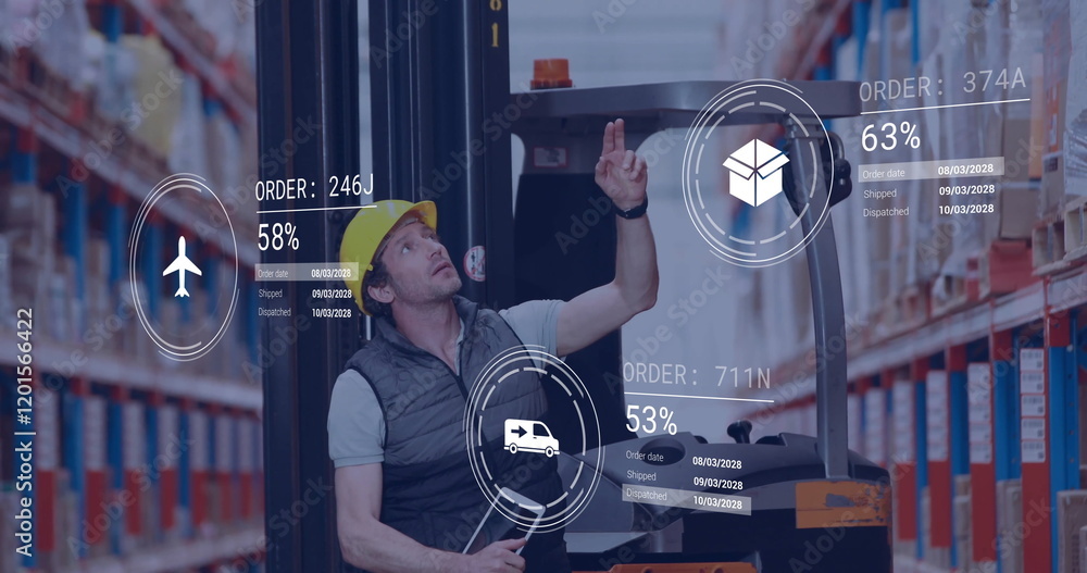 Poster image of icons and data processing over caucasian man working in warehouse