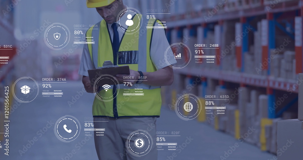 Aufkleber image of icons and data processing over caucasian man working in warehouse