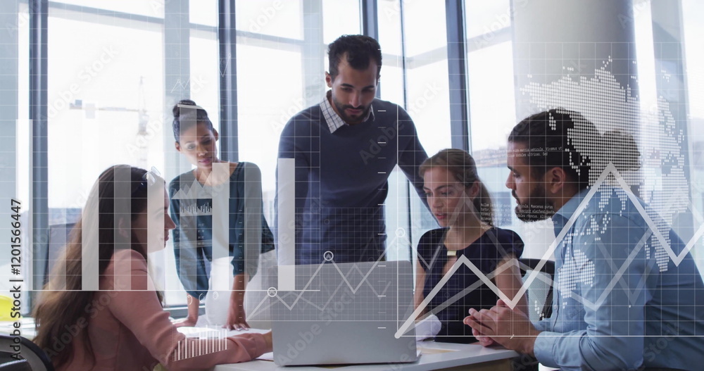 Aufkleber image of data processing and diagrams over diverse colleagues discussing work in office