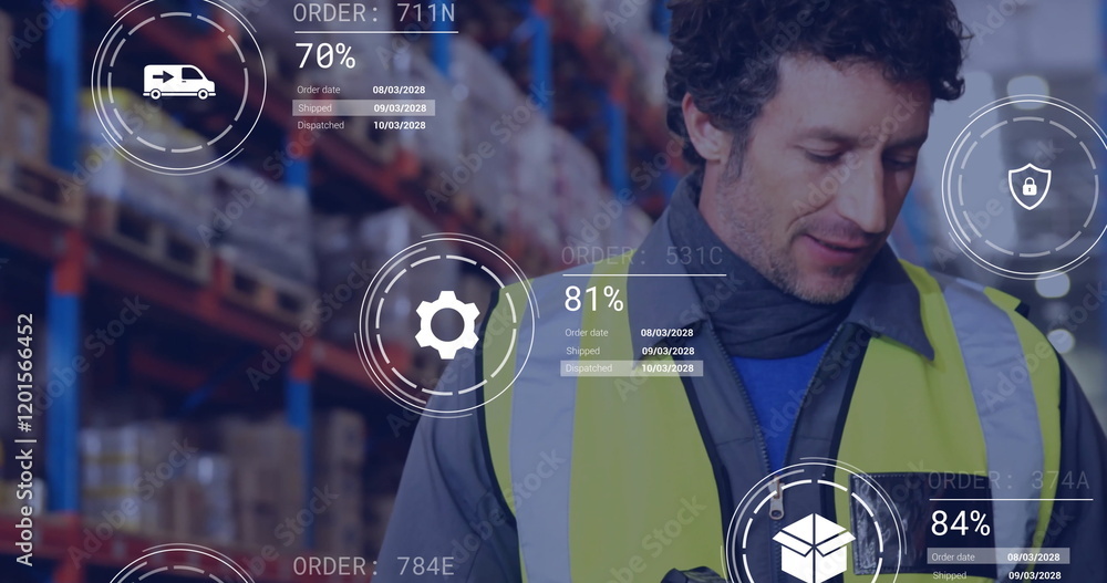 Aufkleber image of icons and data processing over caucasian man working in warehouse