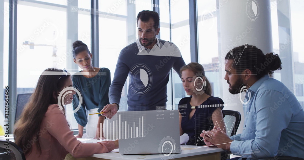 Poster image of data processing and diagrams over diverse colleagues discussing work in office