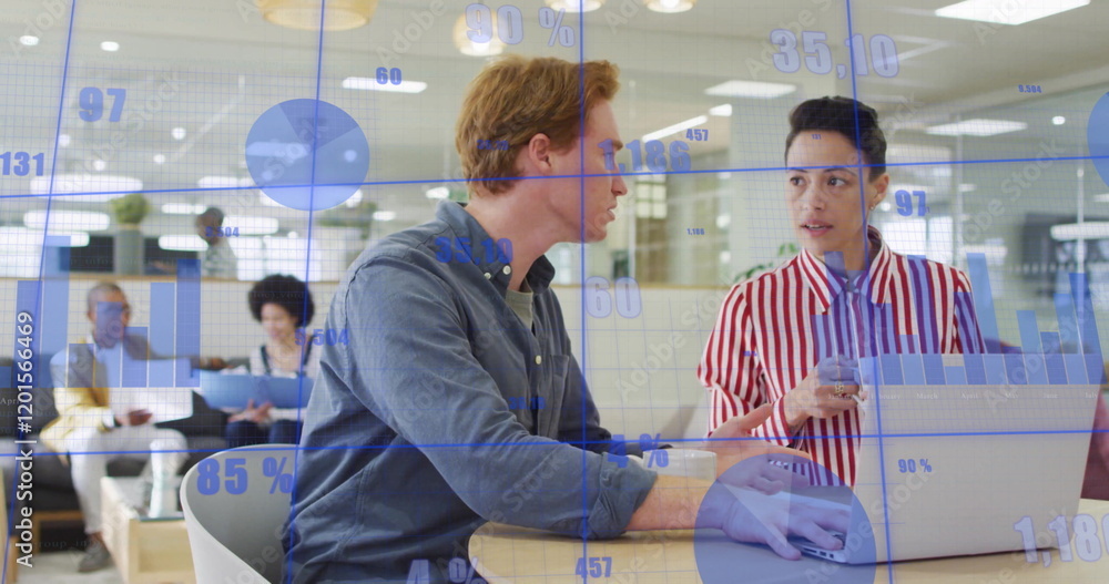 Aufkleber image of data processing and diagrams over caucasian colleagues discussing work in office