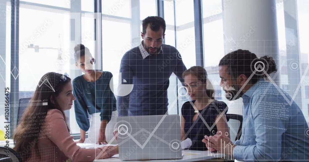 Poster image of data processing and diagrams over diverse colleagues discussing work in office