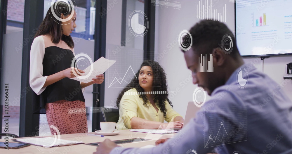 Poster image of data processing and diagrams over diverse colleagues discussing work in office