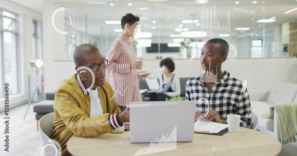 Poster image of data processing and diagrams over diverse colleagues discussing work in office