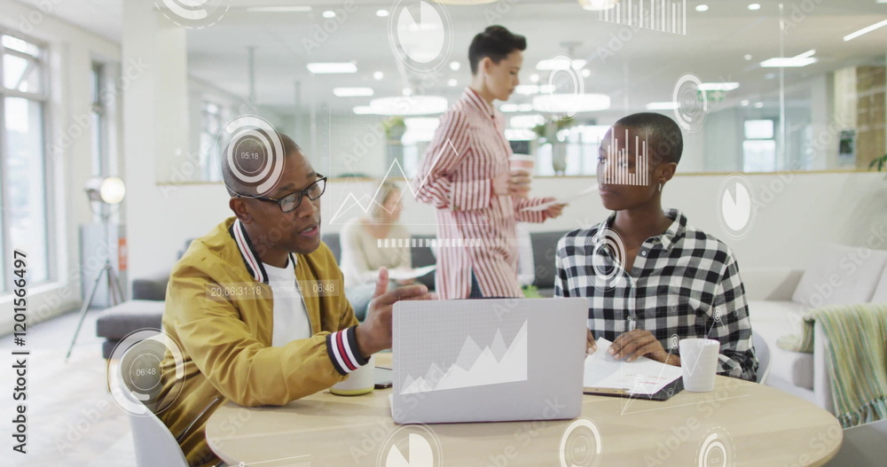 Poster image of data processing and diagrams over diverse colleagues discussing work in office