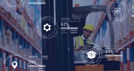 Image of icons and data processing over caucasian man working in warehouse