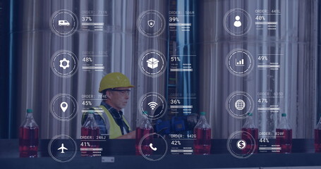 Image of icons and data processing over caucasian man working in warehouse