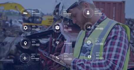 Image of icons and data processing over caucasian man working in warehouse