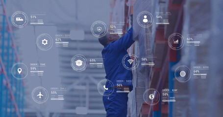 Image of icons and data processing over caucasian man working in warehouse
