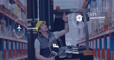 Image of icons and data processing over caucasian man working in warehouse