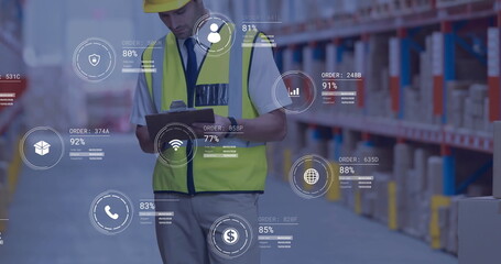 Image of icons and data processing over caucasian man working in warehouse