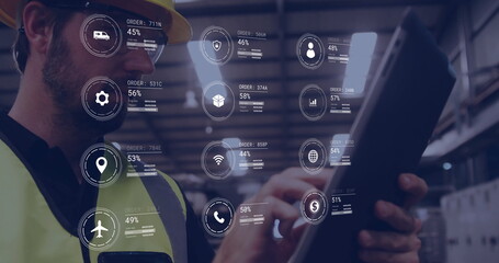 Image of icons and data processing over caucasian man working in warehouse