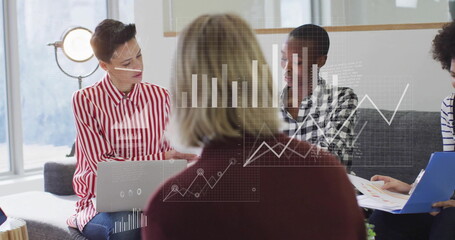 Image of data processing and diagrams over diverse colleagues discussing work in office