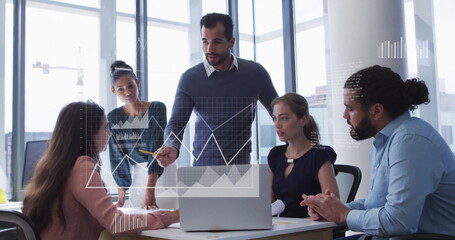 Image of data processing and diagrams over diverse colleagues discussing work in office